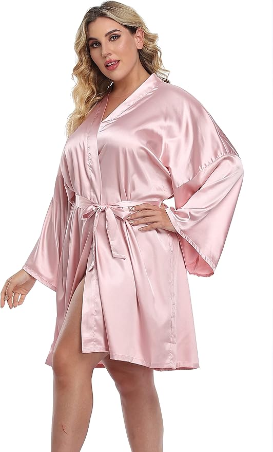 Women's Plus Size Short Silky Bathrobes Satin Kimono Robes Bride Bridesmaid Loungewear Soft Nightgown