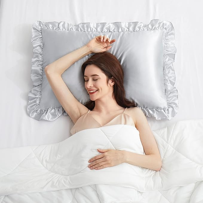 Silky Satin Ruffled Pillow Cases for Hair and Skin,Light Gray Silk Pillowcases Standard Set of 2 with Envelope Closure Princess Room Decoration