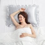Silky Satin Ruffled Pillow Cases for Hair and Skin,Light Gray Silk Pillowcases King Set of 2 with Envelope Closure Princess Room Decoration