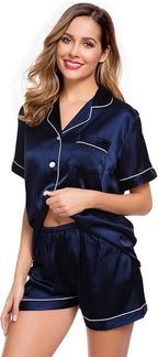 LecGee Womens Silk Satin Pajamas Short Sleeve Loungewear Two-Piece Sleepwear Button-Down Pj Set