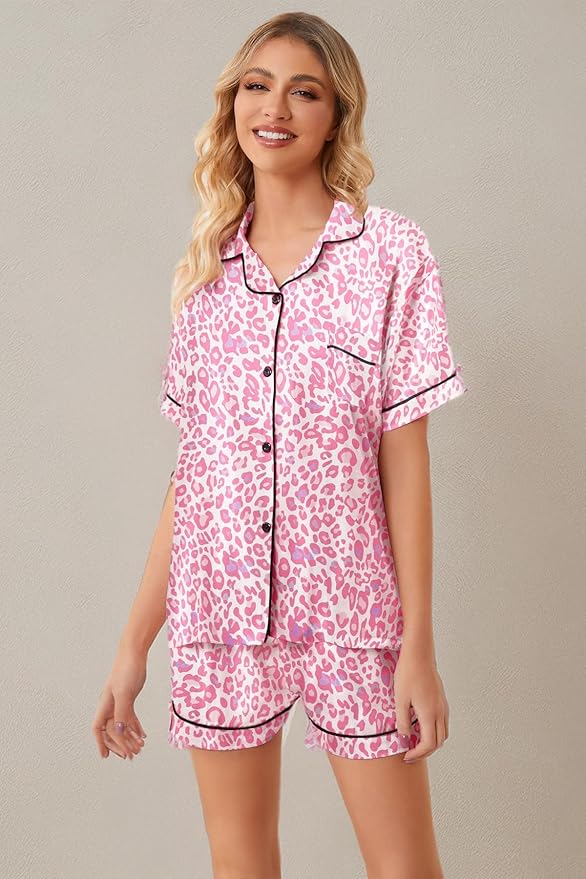 Umeyda Women & Girls Pajamas Set, Soft Satin Lightweight Silk Button-Down Top with Shorts 2 Piece PJS for Mom Boys Kids Gifts