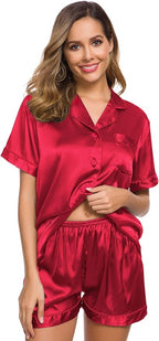 SWOMOG Womens Silk Satin Pajamas Set Short Sleeve Sleepwear Button Down Top and Shorts Loungewear 2 Piece Pjs Set XS-3XL