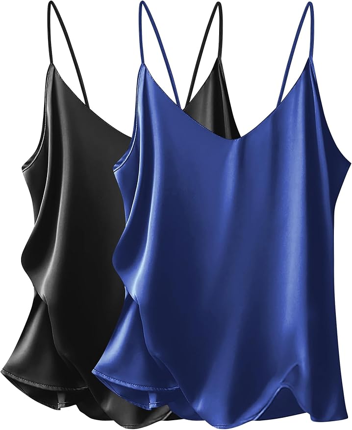 Ekouaer Women's 2 Pcs Satin Camisole Silky Pajama Tank Tops V Neck Soft Spaghetti Strap Loose Basic Sleepwear
