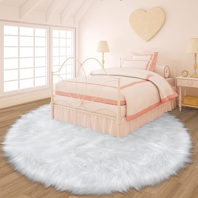 6ft Sheepskin Faux Fur White Round Rugs for Bedroom Living Room, Fluffy White Circle Rug for Kids Room Furry Shaggy Circular Carpet for Teen Girls Room Non-Slip