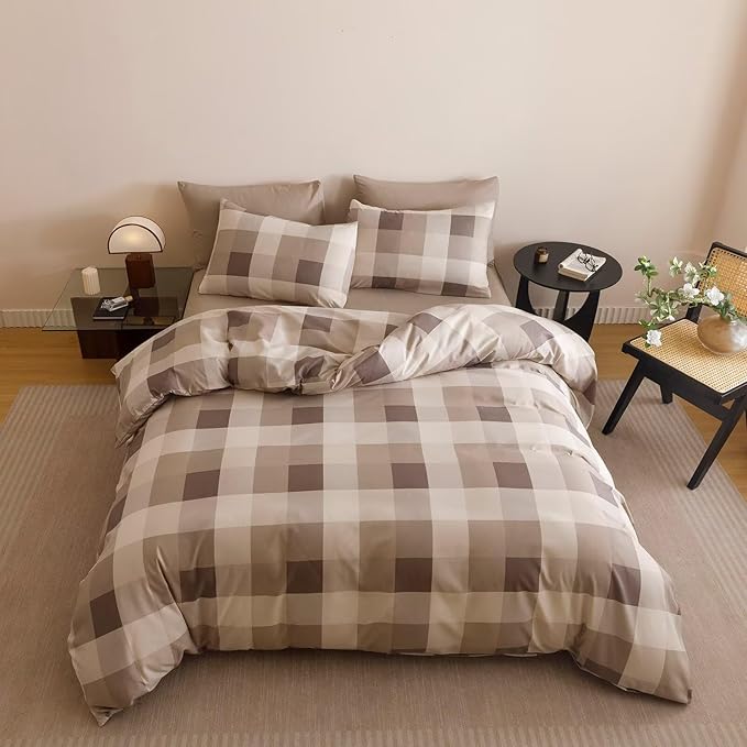 Cottonight Checkered Khaki Comforter Set Queen Men Gingham Grid Bedding Set Khaki and Cream Coffee Grid Comforter Fluffy Soft Blanket Quilts Modern Cottagecore Comforter for Queen Bed