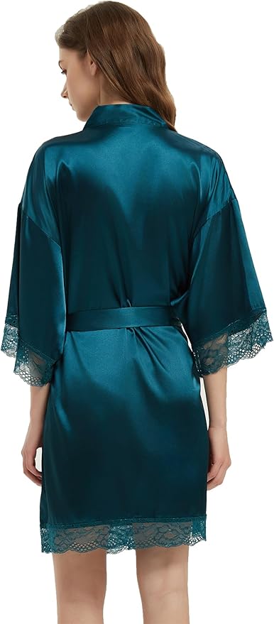 Kihnop Women's Satin Robe Silk Robe Lace Bridal Robes for Bride Bridesmaid Robes Silky Bathrobe Getting Ready Sleepwear