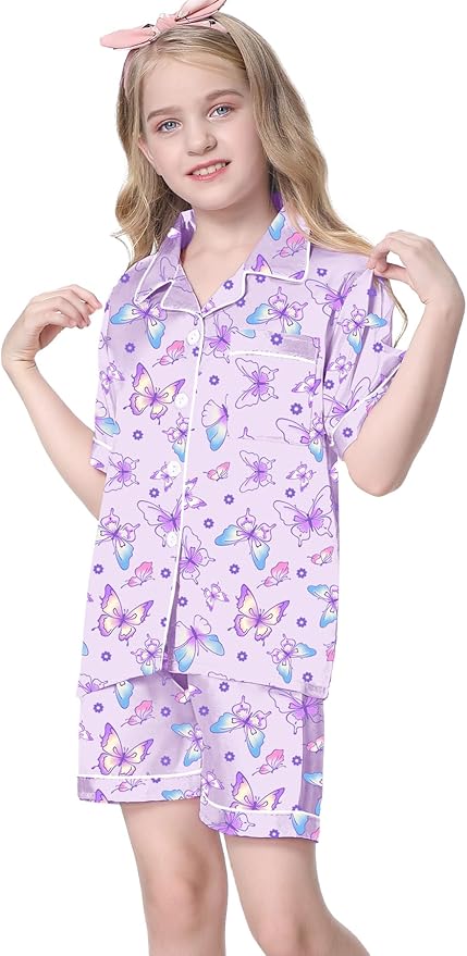 Umeyda Women & Girls Pajamas Set, Soft Satin Lightweight Silk Button-Down Top with Shorts 2 Piece PJS for Mom Boys Kids Gifts