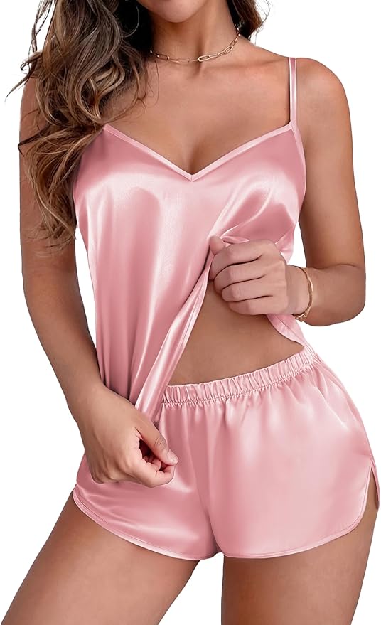 Ekouaer Silk Pajamas Set for Women Satin Camisole Sleepwear Lingerie V-Neck Cami Top and Shorts Pjs