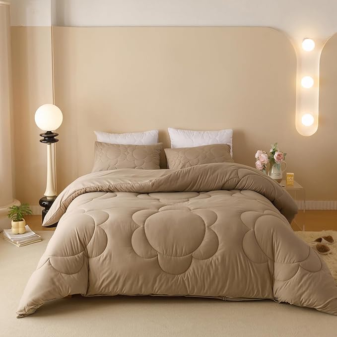 Luxlovery Cream Coffee Comforter Set Full Khaki Sunflower Bedding Comforter Mocha Coffee Bedding Comforter Set Floral Boho Farmhouse Quilted Soft Breathable Bedding Set Full Size
