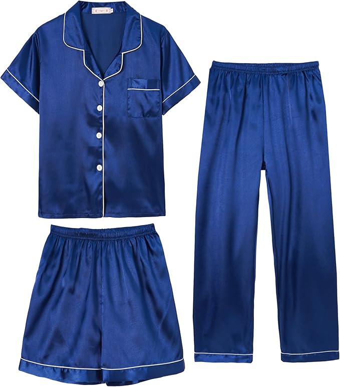 Hupohoi Unisex Girls Boys Kids Pajama Sets Button Down Satin Sleepwear Nighty 3PCS Silky Lounge Sets Nightwear