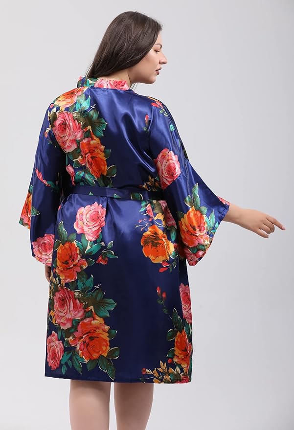QXQTER Peony Floral Silky Satin Robe Wedding Bridal Party Bride Bridesmaid Robes for Women Dressing Gown Kimono Robe