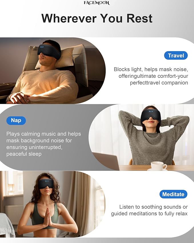 Bluetooth Sleep Mask Headphones: 100% Blackout Eye Mask with Detachable Washable 3D Contoured Liner - Zero Eye Pressure, No Lash Crush, Adjustable Speakers, Bluetooth 5.4, Gift for Relief & Travel