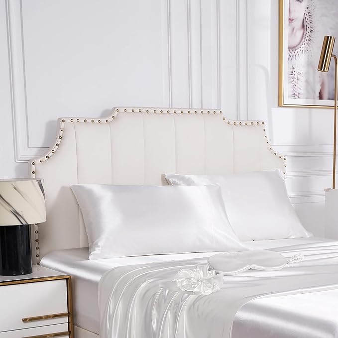 Satin Pillowcase for Hair and Skin, Vegan Silk Pillowcase Set-2 Ivory Satin Pillowcases Queen Size, 1 Eye Mask, 1 Scrunchie-Luxury Sleep Set, White Pillow Cases with Envelope Closure