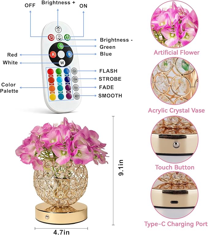 Hydrangea Flower Lamp with Remote, Rechargeable 16 Colors Changing Artificial Flower Table Lamp with 4 Modes, Dimmable Touch Cordless Lamp for Bedroom Room Home Decor, Gift for Mom Women (Purple)