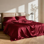Love's cabin 4Piece California King Satin Bed Linen Set, Burgundy Silky Satin Sheets, Deep Pocket, Luxury Silk Feel, 1 Flat, 1 Fitted Sheet, 2 Pillow Cases