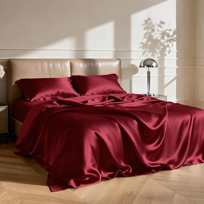 Love's cabin Twin Satin Sheets Sets - 3 Piece Burgundy Silky Bed Sheets with Deep Pockets, Luxury Silk Feel Satin Twin Size Sheet Set Bedding Set (1 Flat Sheet,1 Fitted Sheet,1 Pillow case)