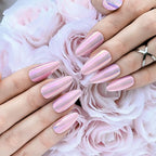 Hypnaughty 24 Pcs Light Pink Almond Chrome Luxury Press On Nails and Glue Reflective Medium Long Pointed False Nails (Light Pink Almond Chrome)