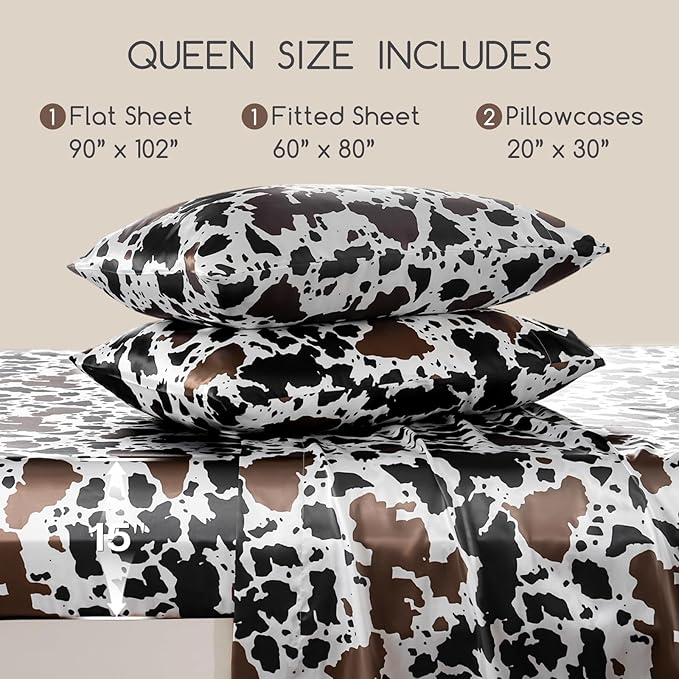 MR&HM Satin Bed Sheets with Elastic Corner Straps, Queen Size Sheets Set, 4 Pcs Silky Bedding Set with 15 Inches Deep Pocket for Mattress (Queen, Cow Print)