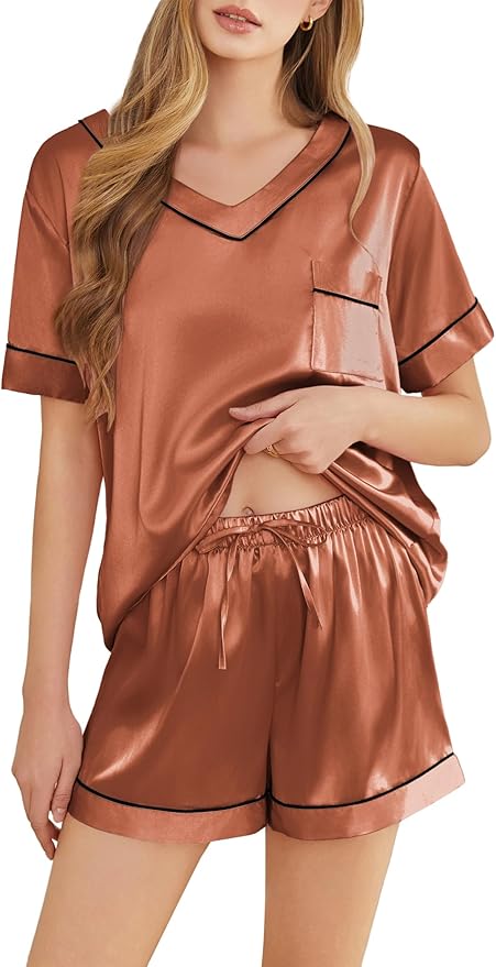 Silk Pajamas for Women Short Sleeve Satin 2 Piece Pj Set Soft V Neck Sleepwear Loungewear, S-XXL