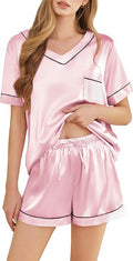 Silk Pajamas for Women Short Sleeve Satin 2 Piece Pj Set Soft V Neck Sleepwear Loungewear, S-XXL