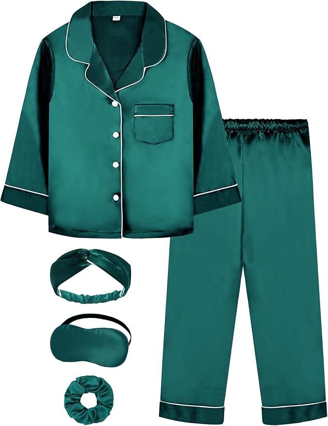 EPLAZA Kids Satin Pajamas Sets Girls Boys Button-Down Silky Pajamas Sleepwear with Hairband Eye Mask Hair Tie