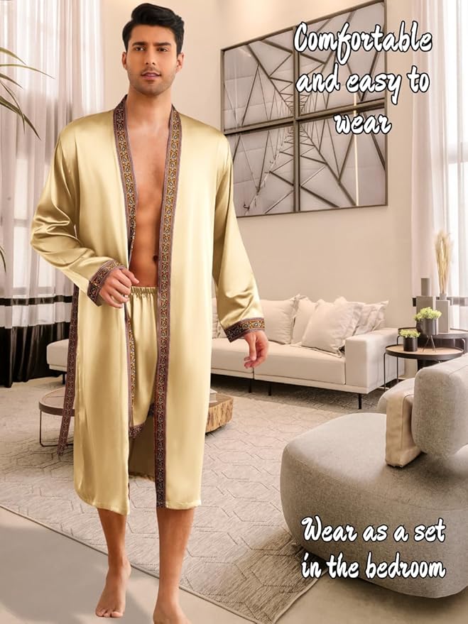 ChiaoLezhee Mens Satin Bath Robe with Shorts Set, Silk Paisley Kimono Lightweight, Soft Long Sleeve Sleepwear