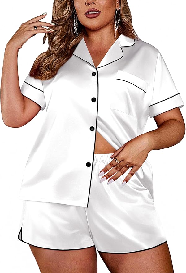 Ekouaer Womens Silk Satin Pajamas Set Short Sleeve Sleepwear Button Down Loungewear 2 Piece Pjs Shorts Set S-5X Plus Size