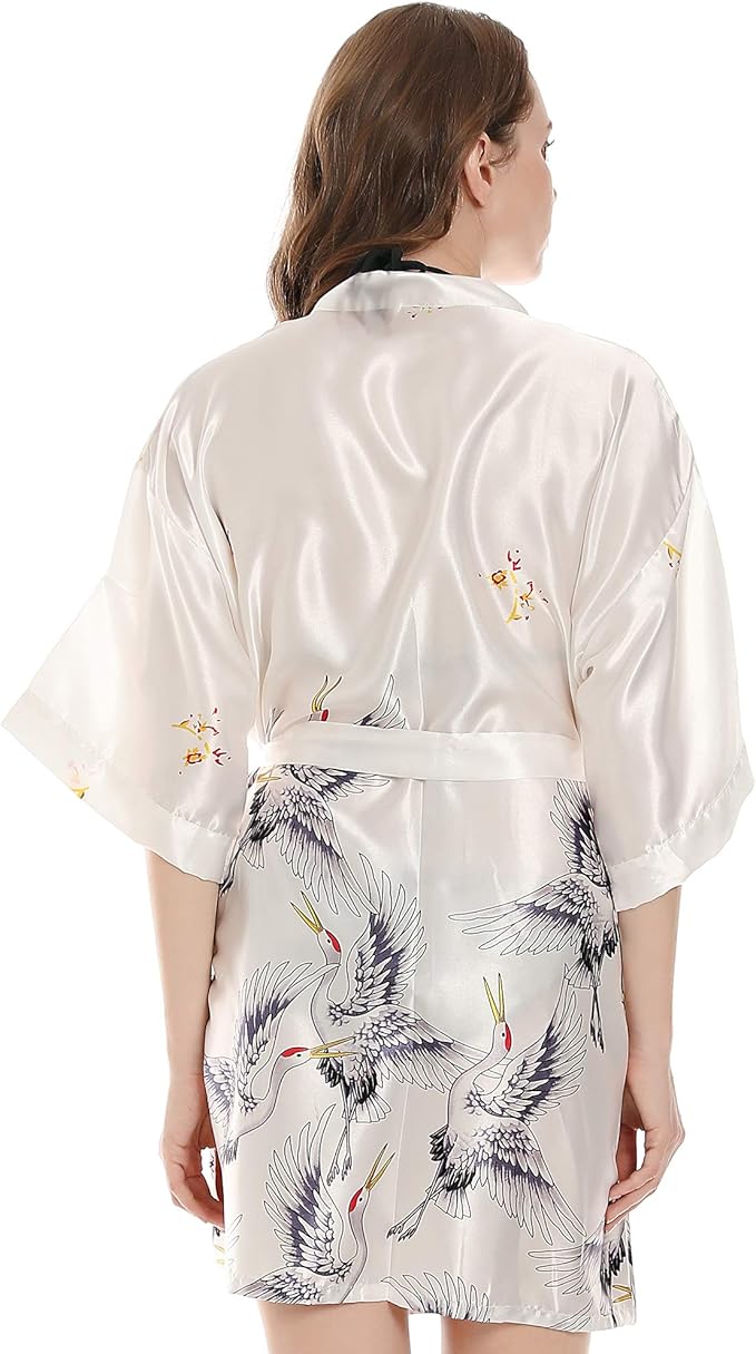 Women Kimono Robes Satin Dressing Gown Crane and Blossoms Sleep Lounge Nightwear Short Silk Bride Bridesmaid Robe