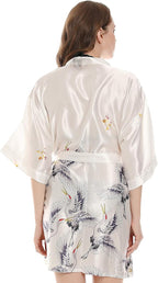 Women Kimono Robes Satin Dressing Gown Crane and Blossoms Sleep Lounge Nightwear Short Silk Bride Bridesmaid Robe