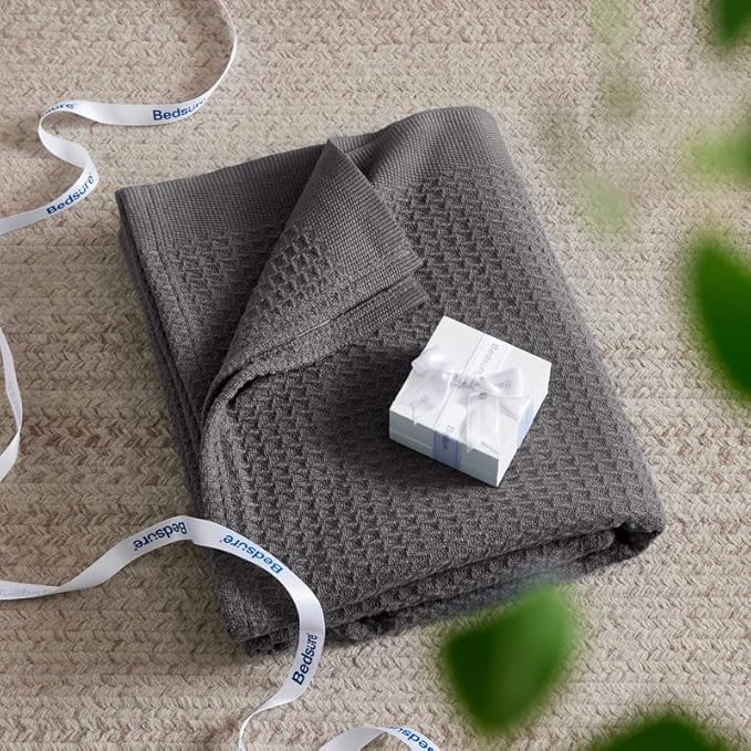 Bedsure Gentlesoft 100% Cotton Blanket Twin XL Size for College Dorm - Cooling Breathable and Soft for Spring Summer, Waffle Weave Twin Blanket for Bed, Dorm Room Essentials, Dark Grey, 66x90 inches