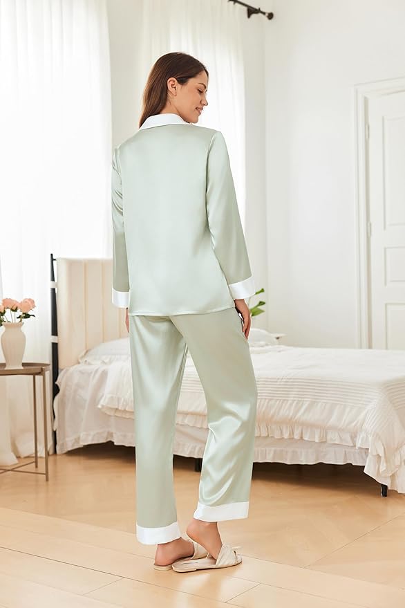 Ekouaer Silk Pajamas for Women Long Sleeve Satin Pajama Set Silky Pj Sets 2 Piece Button Down Loungewear Sleepwear