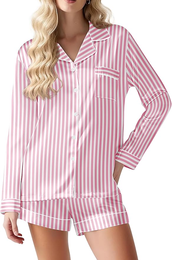 Ekouaer Satin Pajama Set for Women Button Down Pj Set Long Sleeve Top and Shorts 2 Piece Loungewear Summer Soft Sleepwear