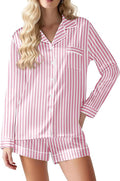 Ekouaer Satin Pajama Set for Women Button Down Pj Set Long Sleeve Top and Shorts 2 Piece Loungewear Summer Soft Sleepwear
