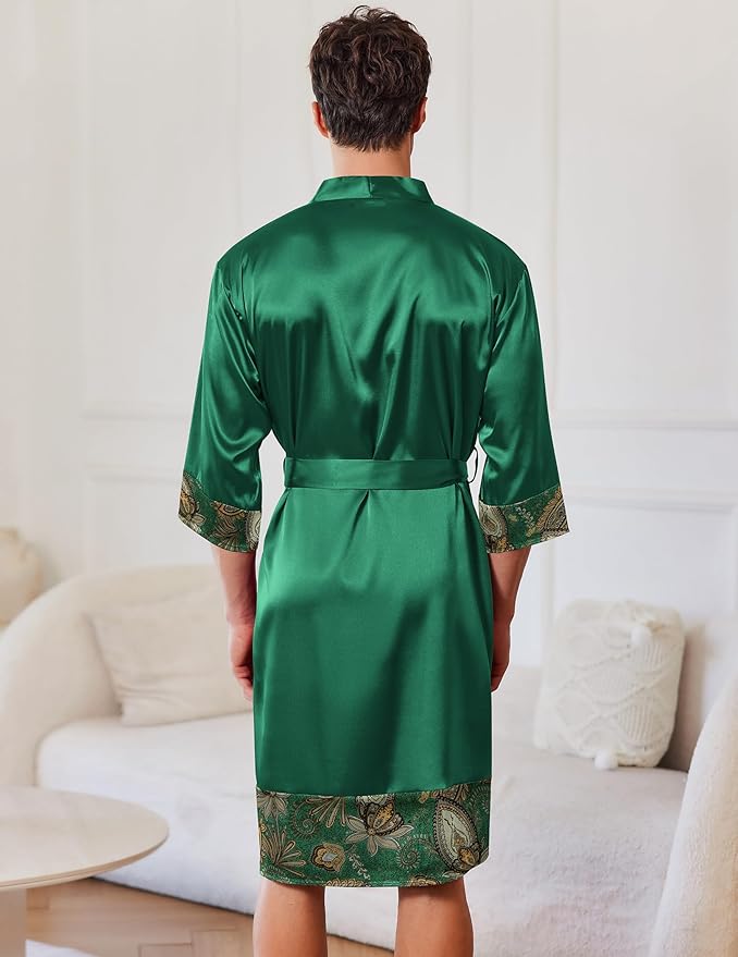 Ekouaer Mens Satin Robe Lightweight Silky Kimono Bathrobe 3/4 Sleeve Spa Knee Length Loungewear with Pockets S-3XL