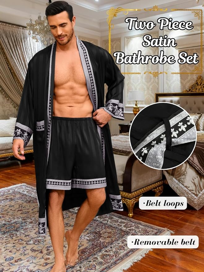 ChiaoLezhee Men's Luxury Silky Robe & Shorts Set, 2PC Lightweight Satin Pajamas with Pockets, Opulent Baroque Kimono Gifts