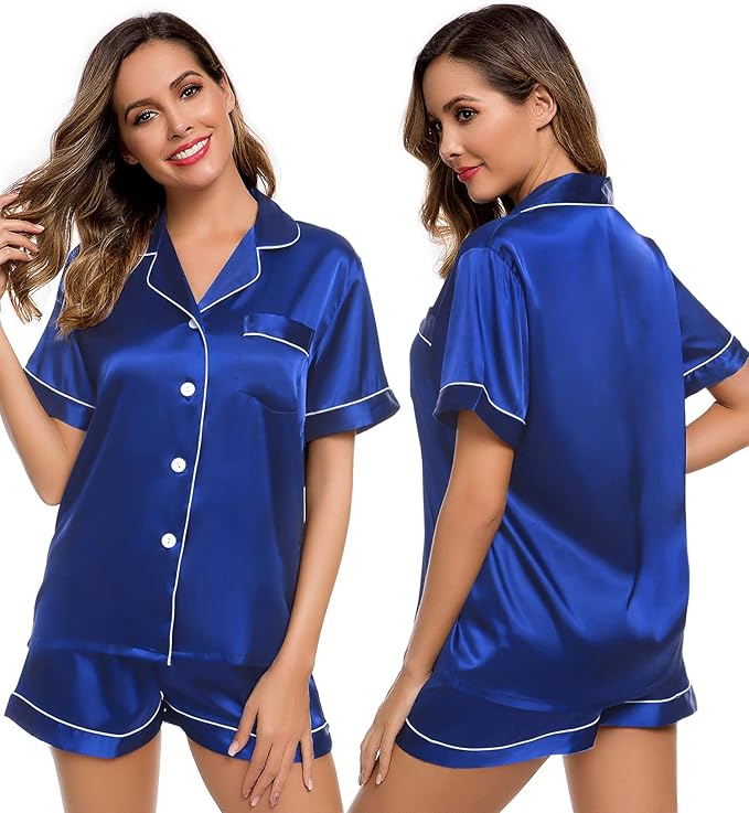 LecGee Womens Silk Satin Pajamas Short Sleeve Loungewear Two-Piece Sleepwear Button-Down Pj Set