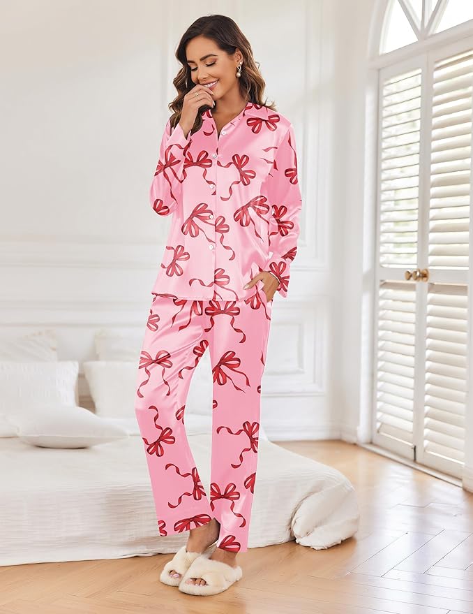 Ekouaer Women Satin Silk Pajamas Classic Long Sleeve Button Down Pjs Set Soft Loungewear