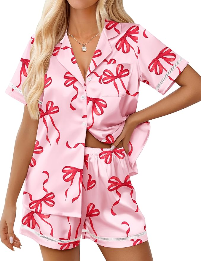 Ekouaer Womens Silk Pajama Sets Button Up Satin Pjs Short Sleeve 2 Piece Pj Sets Cute Lounge Sets with Chest Pocket