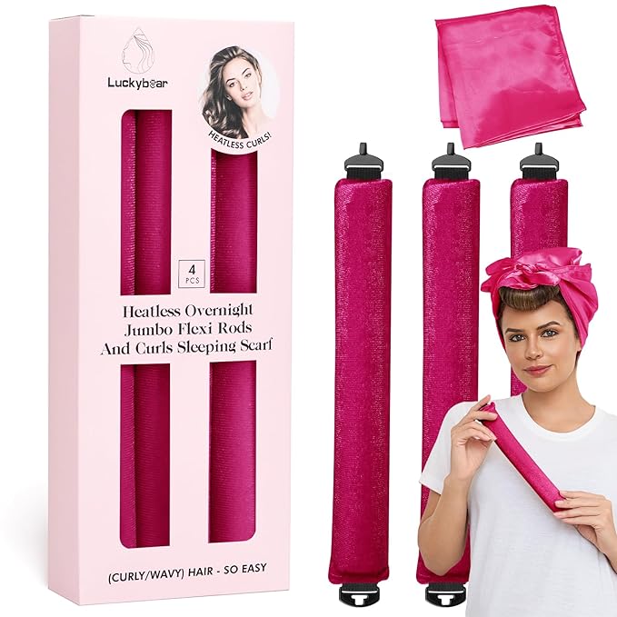 Heatless Curls Overnight Rods Jumbo Set, Heatless Hair Curler Velvet Satin Jumbo Flexi Rods to Sleep in, No Heat Overnight Sleeping Blowout Curls Wave Styling Tools with Silk Scarf 4pcs Rose Red