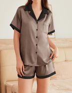 Ekouaer Womens Silk Satin Pajama Set Short Sleeve PJs 2 Piece Button Down Top and Shorts Notch Collar Sleepwear Sets Soft Pjs