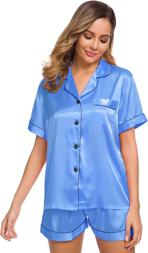 SWOMOG Womens Silk Satin Pajamas Set Short Sleeve Sleepwear Button Down Top and Shorts Loungewear 2 Piece Pjs Set XS-3XL