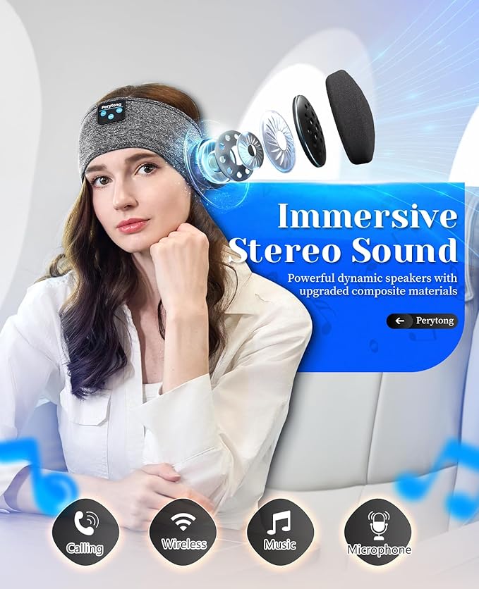 Perytong 2 Pack Sleep Headphones Bluetooth 5.4, Sleeping Headphones for Side Sleepers, Sweat Resistant Earphones with Built-in Stereo Speakers for Sport Travel Yoga Jogging
