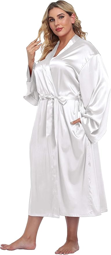 Women's Plus Size Satin Kimono Robes Long Silky Bathrobe Lightweight Sleepwear Wedding Dressing Gown