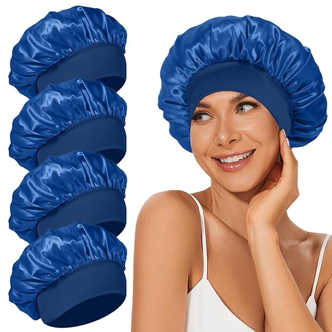 4Pcs Satin Bonnet Silk Bonnet, Hair Bonnet for Sleeping, Elastic Wide Band Silk Sleep Cap, Soft and Breathable(Dark Blue*4)