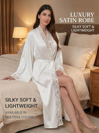 Women Sexy Satin Lace Robe,Long Sleeve Silk Bathrobe with Belt Soft Lightweight Full Length Sleepwear