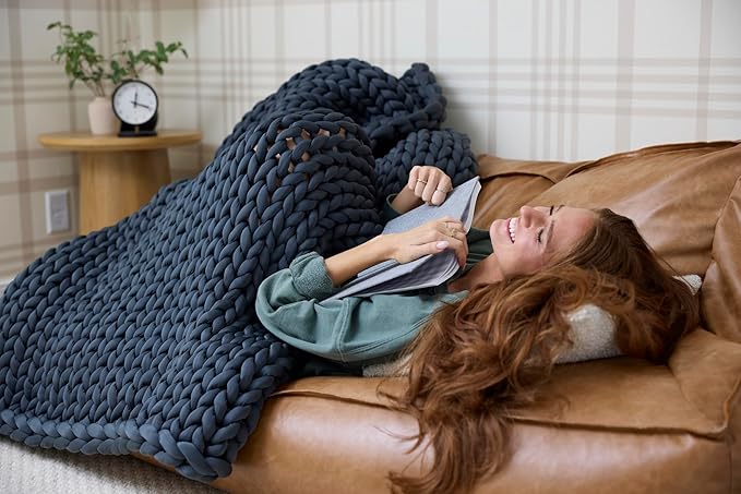 Nuzzie Original Knit Weighted Blanket - Breathable, Cooling, Hand Made Knit Throw Blanket for Sleep - Machine Washable, Stylish Design (Dusty Blue, Full | 16lbs | 48"x72")
