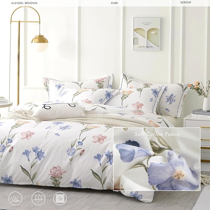 ALEISSEL Natural Cotton 3pcs Floral Comforter Sets King Size - White Comfoter with Blush,Blue & Beige Floral Prints, Neutural Refresh Lightweight Bedding Sets(King 104"×90")