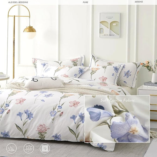 ALEISSEL Natural Cotton 3pcs Floral Comforter Sets King Size - White Comfoter with Blush,Blue & Beige Floral Prints, Neutural Refresh Lightweight Bedding Sets(King 104"×90")