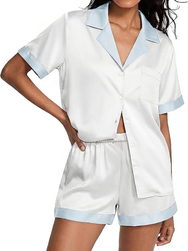 Ekouaer Womens Silk Satin Pajamas Set Short Sleeve Sleepwear Button Down Loungewear 2 Piece Pjs Shorts Set