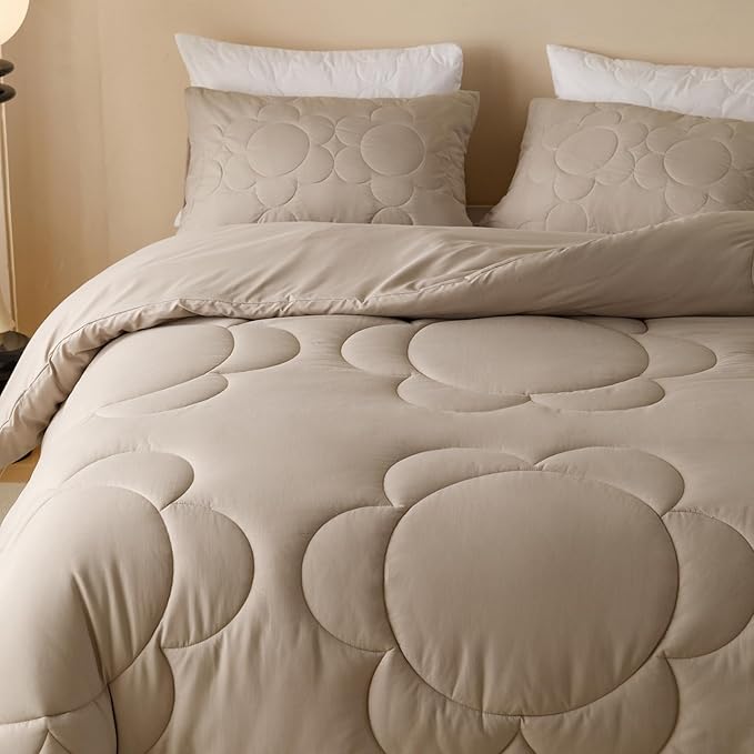 Luxlovery Mocha Sunflower Comforter Set Queen Beige Khaki Bedding Set Queen Size Boho Farmhouse Blanket Quilts Floral Elegant Soft Breathable Bedding Comforter Set